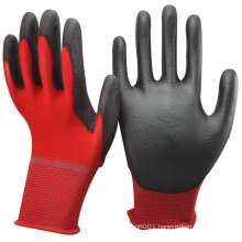 NMSAFETY 13 gauge knitted red polyester liner coated black PU on palm for light industry